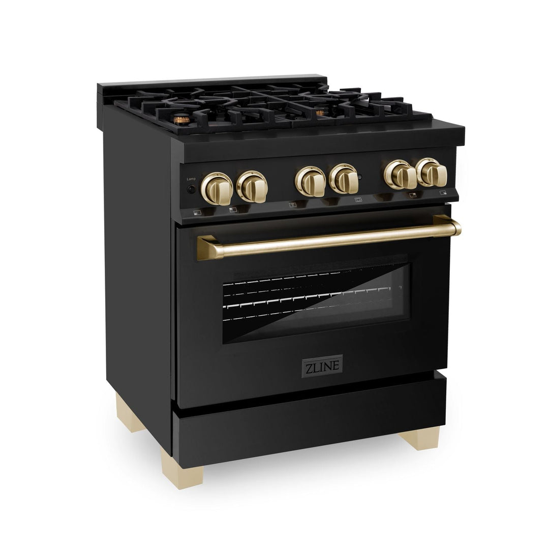 ZLINE Autograph Package - 30 In. Dual Fuel Range, Range Hood, and Dishwasher in Black Stainless Steel with Gold Accents, 3AKP-RABRHDWV30-G