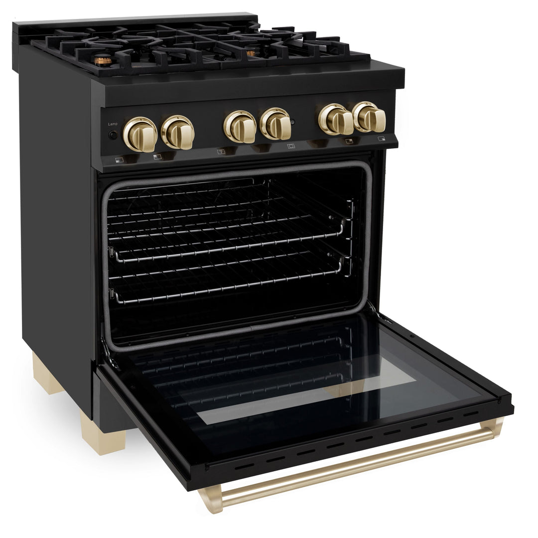 ZLINE Autograph Package - 30 In. Dual Fuel Range, Range Hood, and Dishwasher in Black Stainless Steel with Gold Accents, 3AKP-RABRHDWV30-G