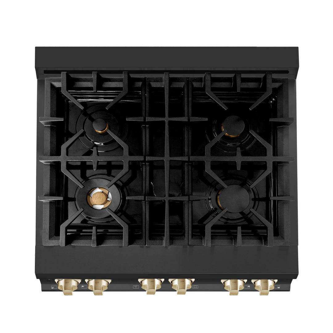 ZLINE Autograph Package - 30 In. Dual Fuel Range, Range Hood in Black Stainless Steel with Gold Accents, 2AKP-RABRH30-G