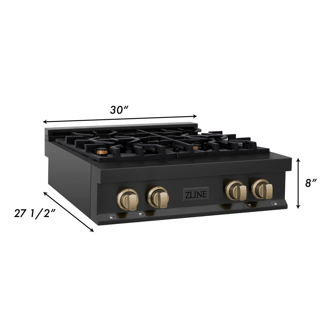 ZLINE Autograph Edition 30 In. Rangetop with 4 Gas Burners in Black Stainless Steel and Champagne Bronze Accents, RTBZ-30-CB