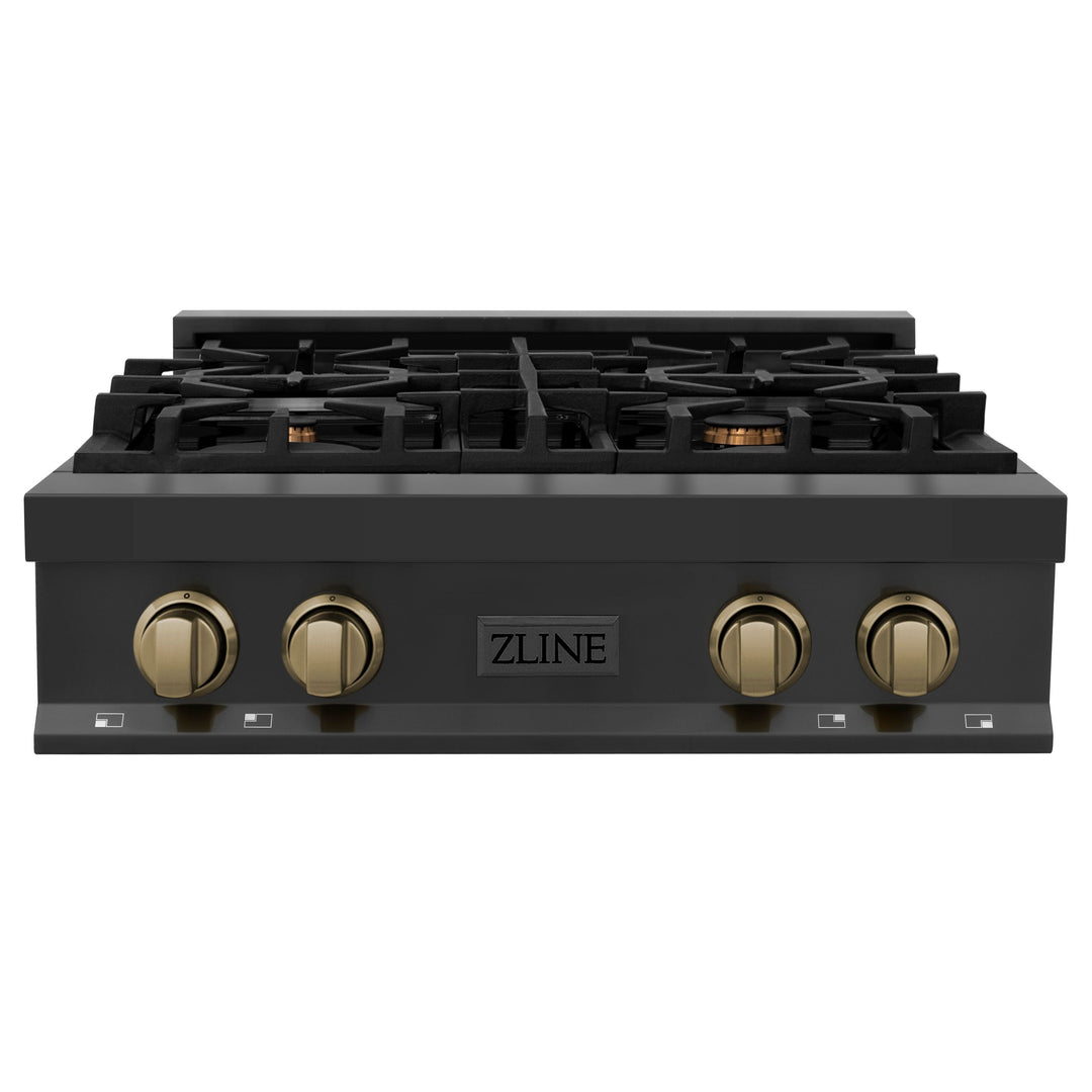 ZLINE Autograph Edition 30 In. Rangetop with 4 Gas Burners in Black Stainless Steel and Champagne Bronze Accents, RTBZ-30-CB