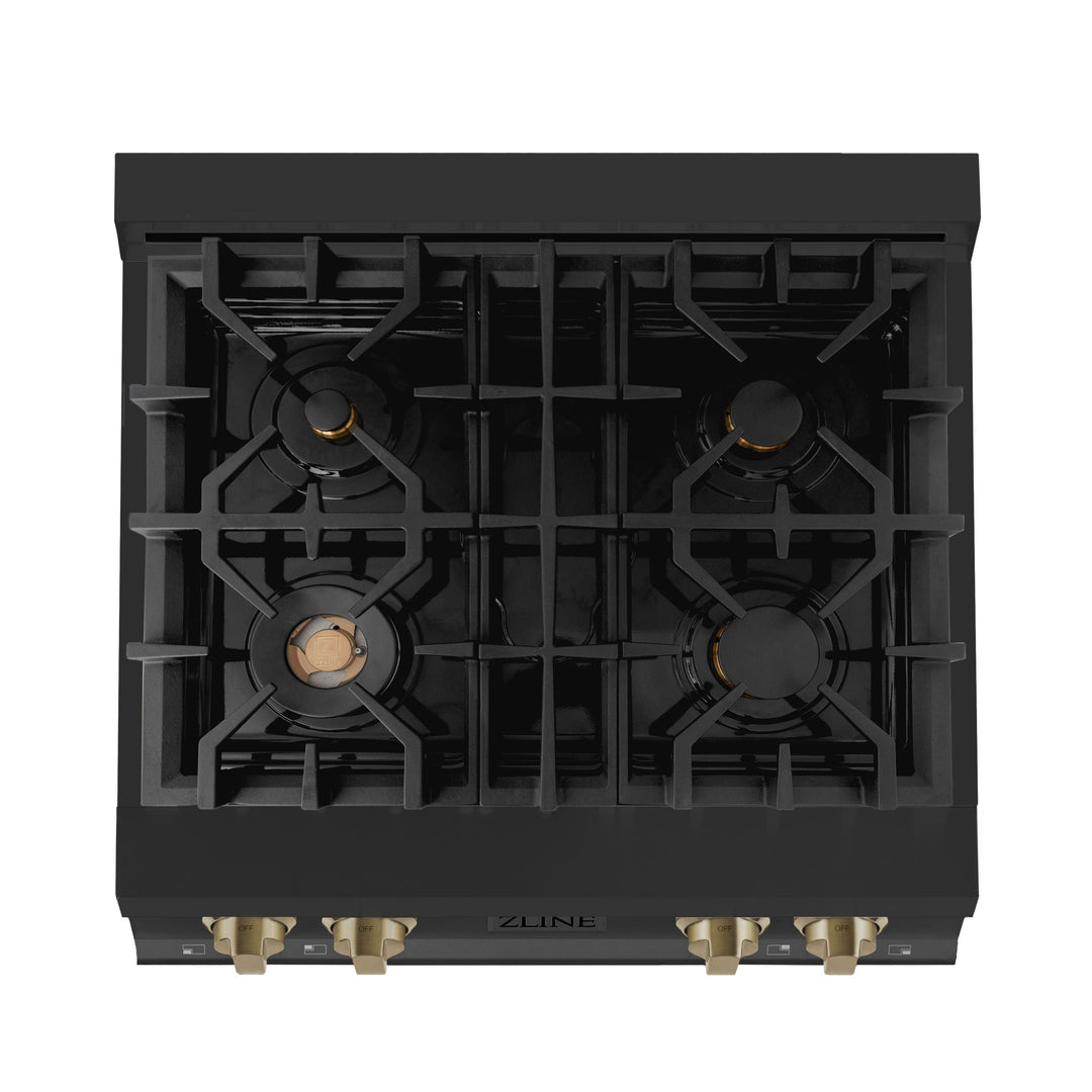 ZLINE Autograph Edition 30 In. Rangetop with 4 Gas Burners in Black Stainless Steel and Champagne Bronze Accents, RTBZ-30-CB