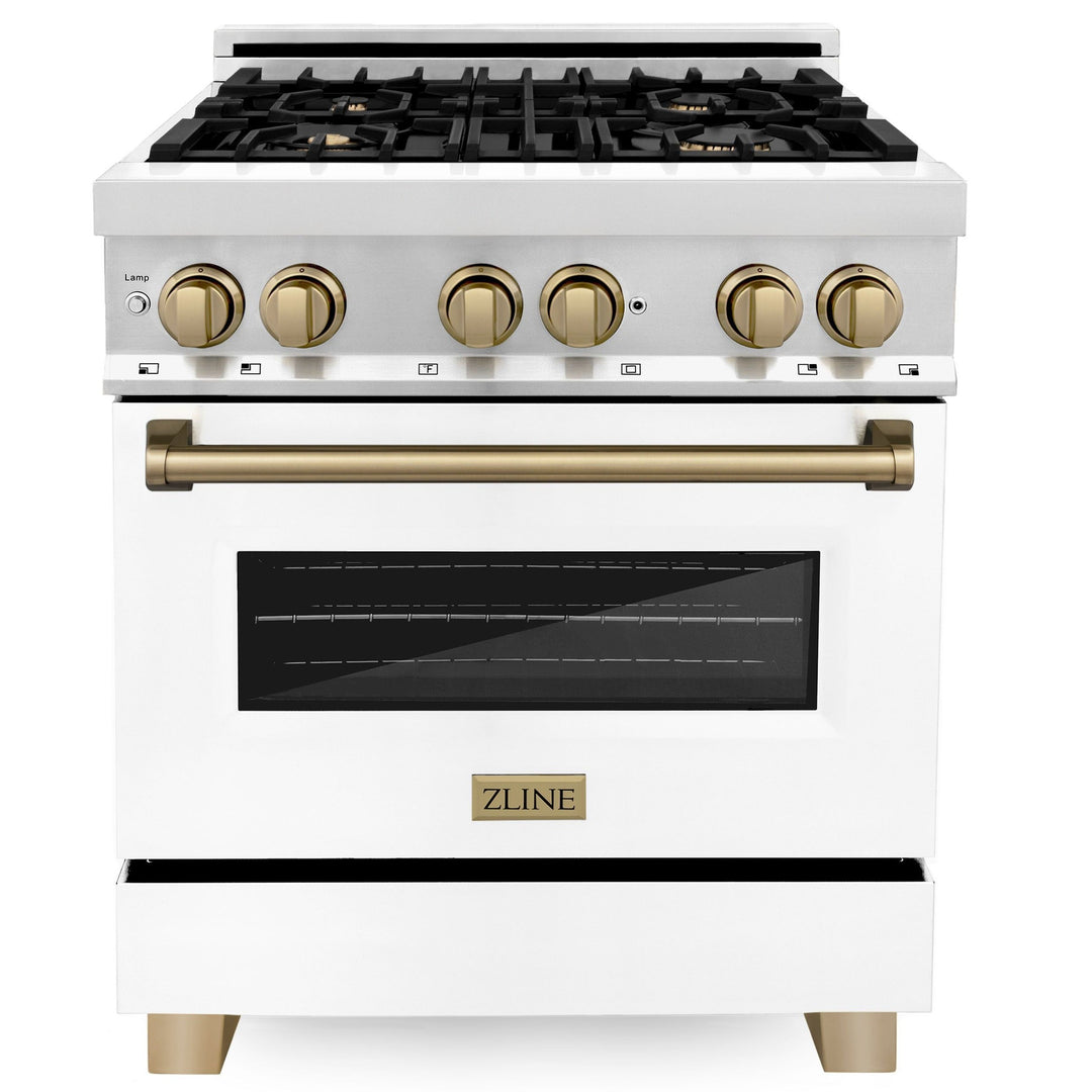 ZLINE Autograph Package - 30" Dual Fuel Range, Range Hood, Dishwasher with White Matte, Bronze Accents