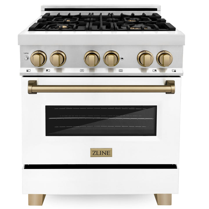 ZLINE Autograph Package - 30 In. Dual Fuel Range and Range Hood with White Matte Door and Bronze Accents, 2AKP-RAWMRH30-CB