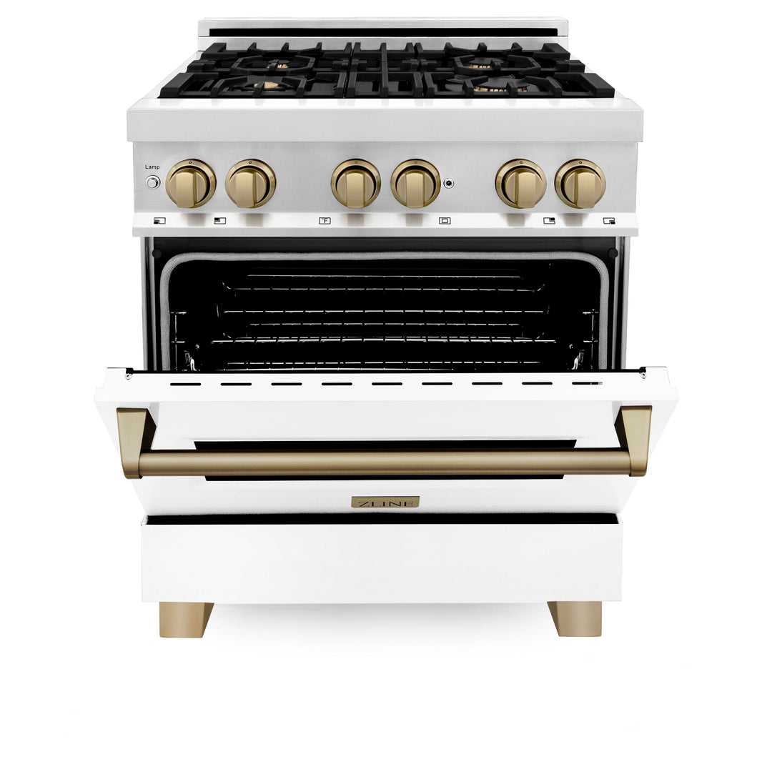 ZLINE Autograph Package - 30" Dual Fuel Range, Range Hood, Dishwasher with White Matte, Bronze Accents