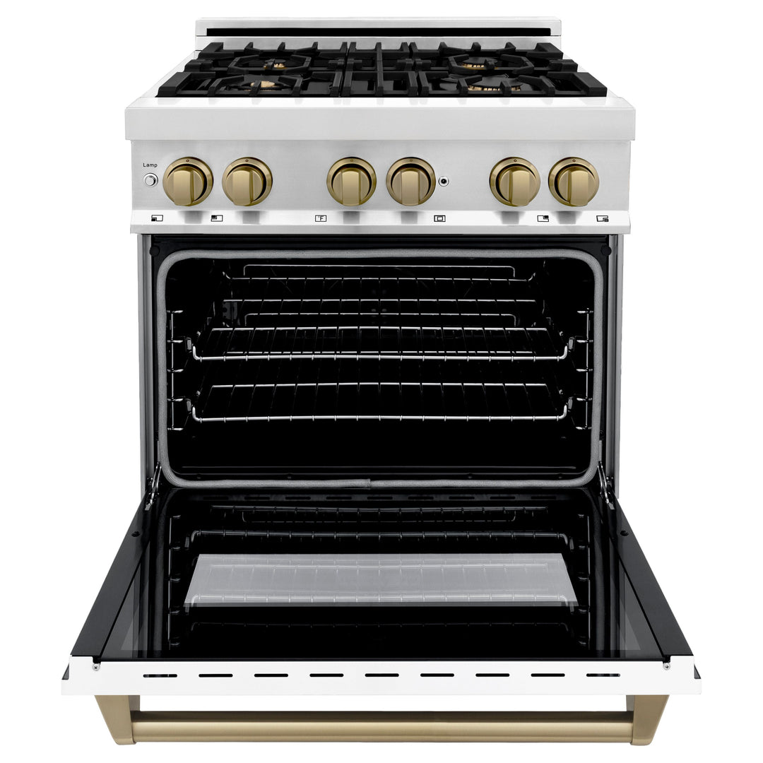 ZLINE Autograph Package - 30" Dual Fuel Range, Range Hood, Dishwasher with White Matte, Bronze Accents