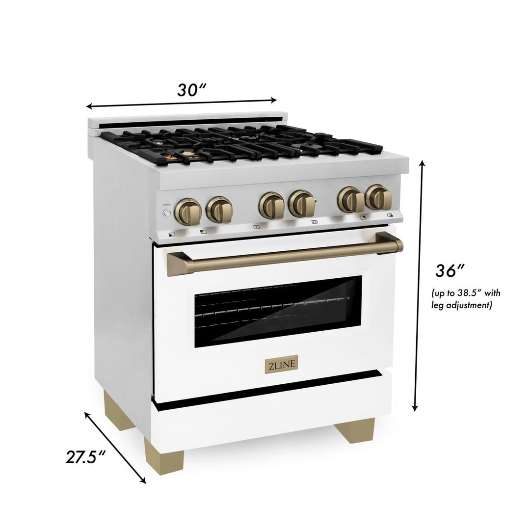 ZLINE Autograph Package - 30" Dual Fuel Range, Range Hood, Dishwasher with White Matte, Bronze Accents