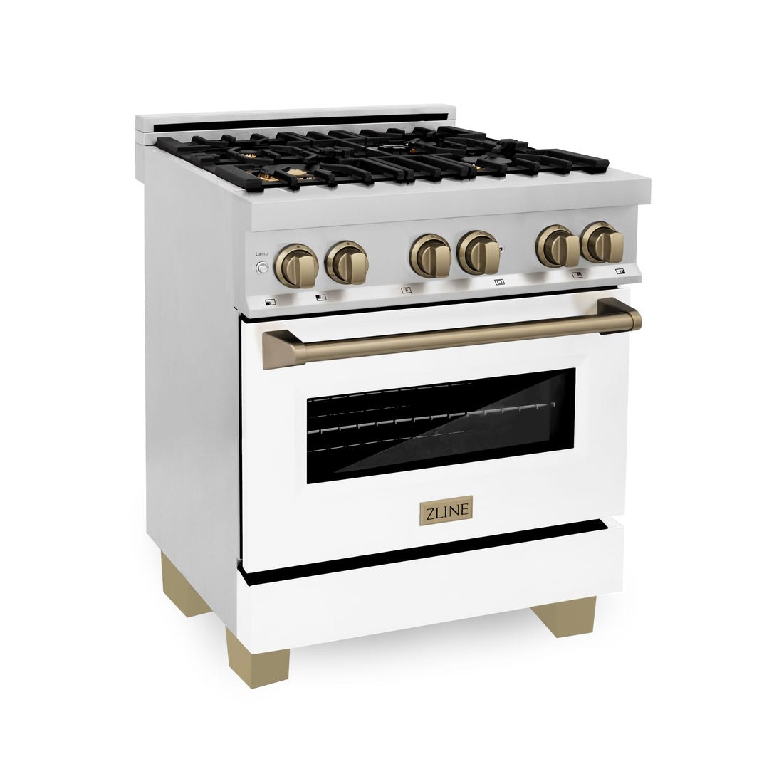 ZLINE Autograph Package - 30" Dual Fuel Range, Range Hood, Dishwasher with White Matte, Bronze Accents