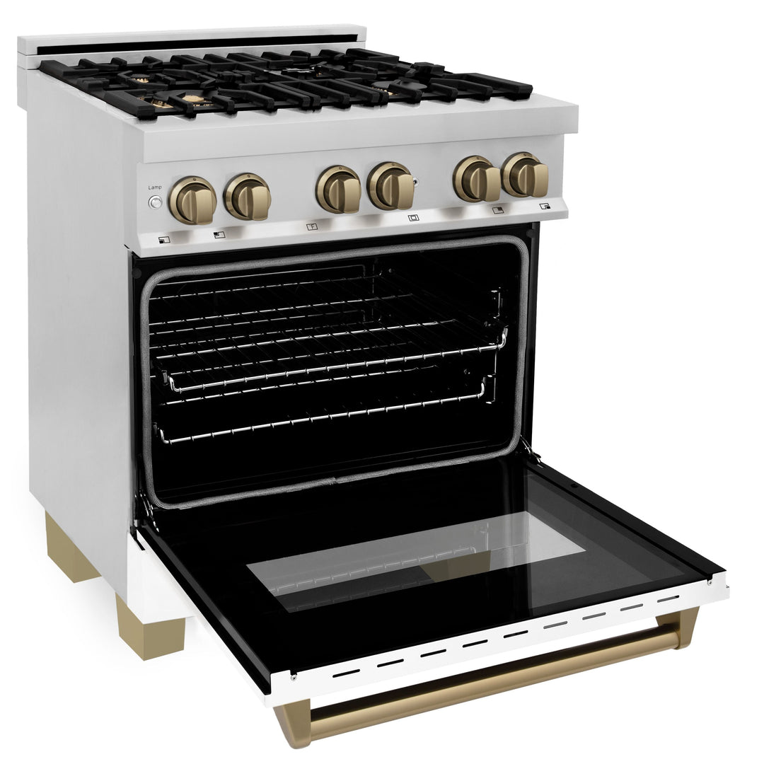 ZLINE Autograph Package - 30 In. Dual Fuel Range and Range Hood with White Matte Door and Bronze Accents, 2AKP-RAWMRH30-CB