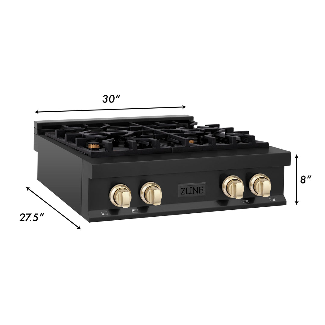 ZLINE Autograph Edition 30 Inch Porcelain Rangetop with 4 Gas Burners in Black Stainless Steel and Gold Accents, RTBZ-30-G