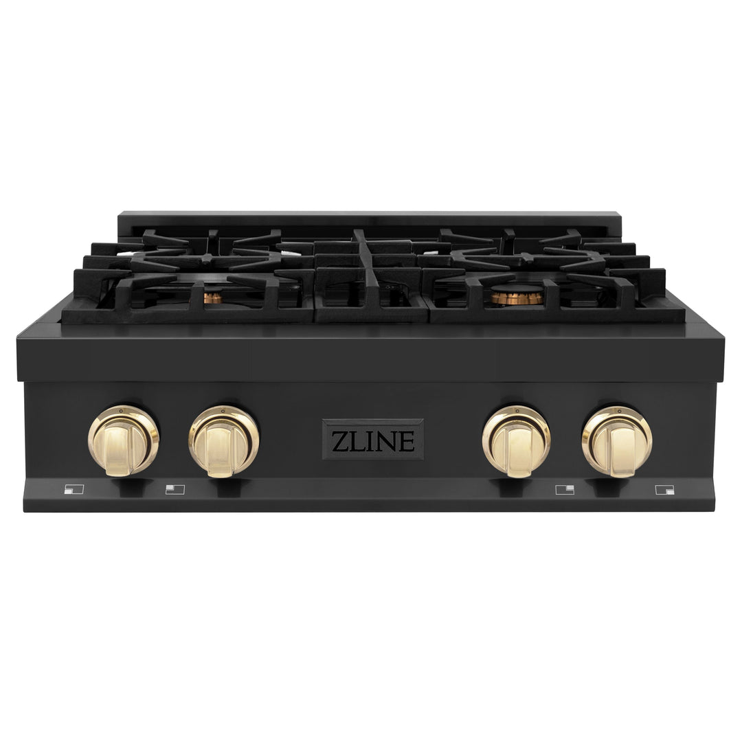 ZLINE Autograph Edition 30 Inch Porcelain Rangetop with 4 Gas Burners in Black Stainless Steel and Gold Accents, RTBZ-30-G