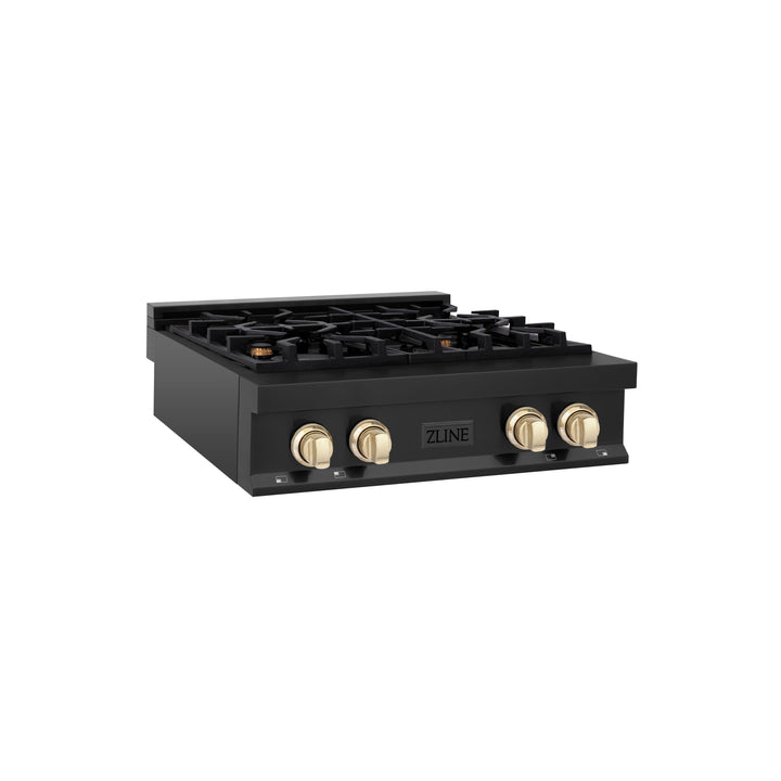 ZLINE Autograph Edition 30 Inch Porcelain Rangetop with 4 Gas Burners in Black Stainless Steel and Gold Accents, RTBZ-30-G