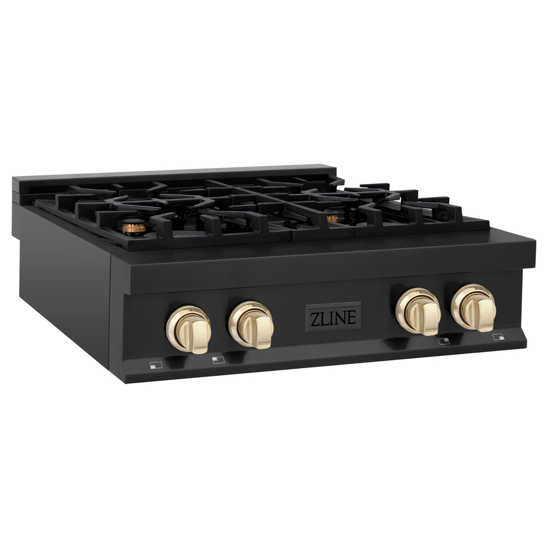 ZLINE Autograph Edition 30 Inch Porcelain Rangetop with 4 Gas Burners in Black Stainless Steel and Gold Accents, RTBZ-30-G