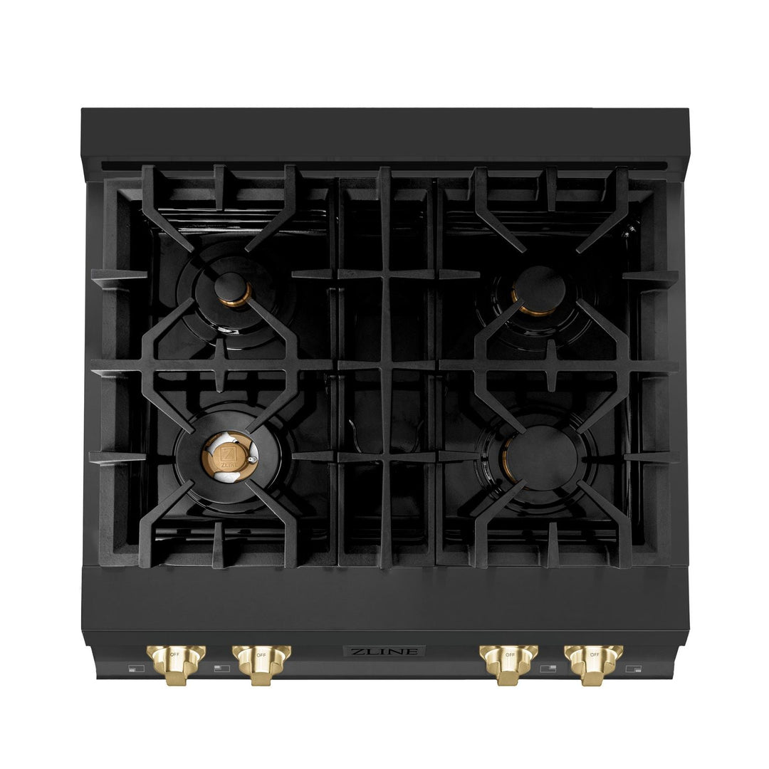 ZLINE Autograph Edition 30 Inch Porcelain Rangetop with 4 Gas Burners in Black Stainless Steel and Gold Accents, RTBZ-30-G