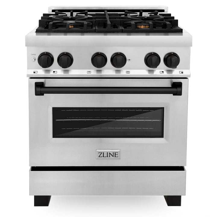 ZLINE Autograph Package - 30" Dual Fuel Range, Range Hood, Dishwasher, Refrigerator with Matte Black Accents