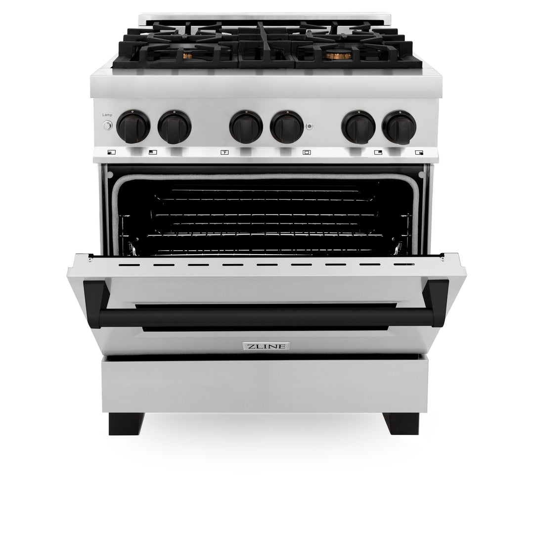 ZLINE Autograph Package - 30 In. Dual Fuel Range, Range Hood in Stainless Steel with Matte Black Accents, 2AKP-RARH30-MB