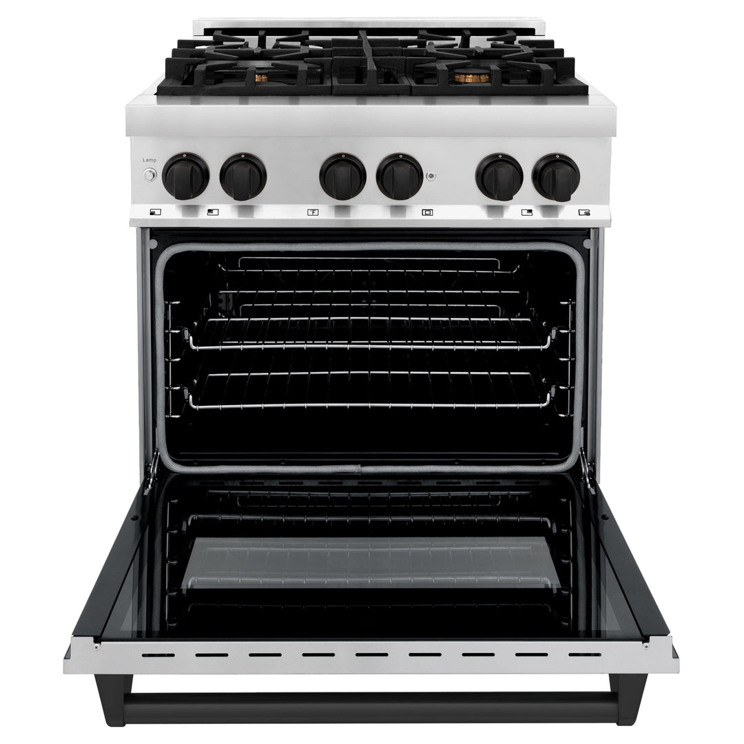 ZLINE Autograph Package - 30 In. Dual Fuel Range, Range Hood in Stainless Steel with Matte Black Accents, 2AKP-RARH30-MB