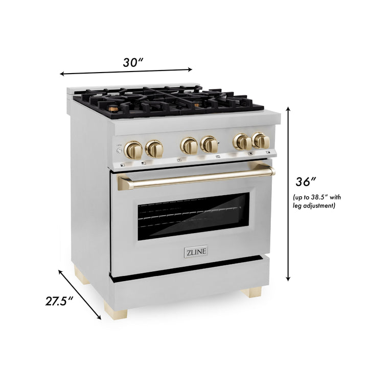 ZLINE Autograph Package - 30" Dual Fuel Range, Range Hood, Dishwasher, Refrigerator with Water & Ice Dispenser with Gold Accents