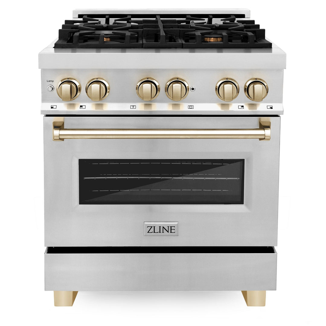 ZLINE Autograph Package - 30" Dual Fuel Range, Range Hood, Dishwasher, Refrigerator in Stainless Steel with Gold Accents, 4KAPR-RARHDWM30-G