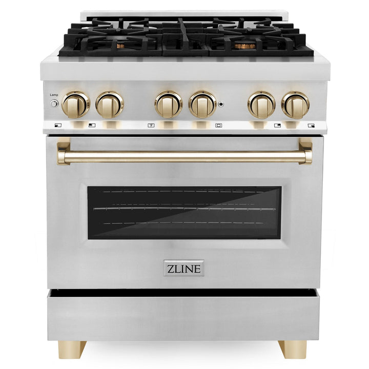 ZLINE Autograph Package - 30" Dual Fuel Range, Range Hood, Dishwasher, Refrigerator with Water & Ice Dispenser with Gold Accents