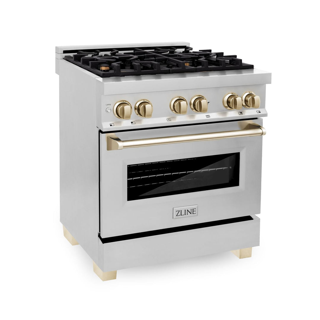 ZLINE Autograph Package - 30" Dual Fuel Range, Range Hood, Dishwasher, Refrigerator in Stainless Steel with Gold Accents, 4KAPR-RARHDWM30-G