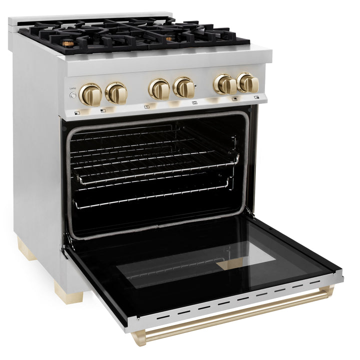 ZLINE Autograph Package - 30 In. Dual Fuel Range, Range Hood in Stainless Steel with Gold Accents, 2AKP-RARH30-G