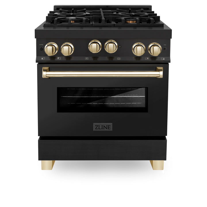 ZLINE Autograph Package - 30" Gas Range, Range Hood, Refrigerator, Dishwasher in Black Stainless with Gold Accents