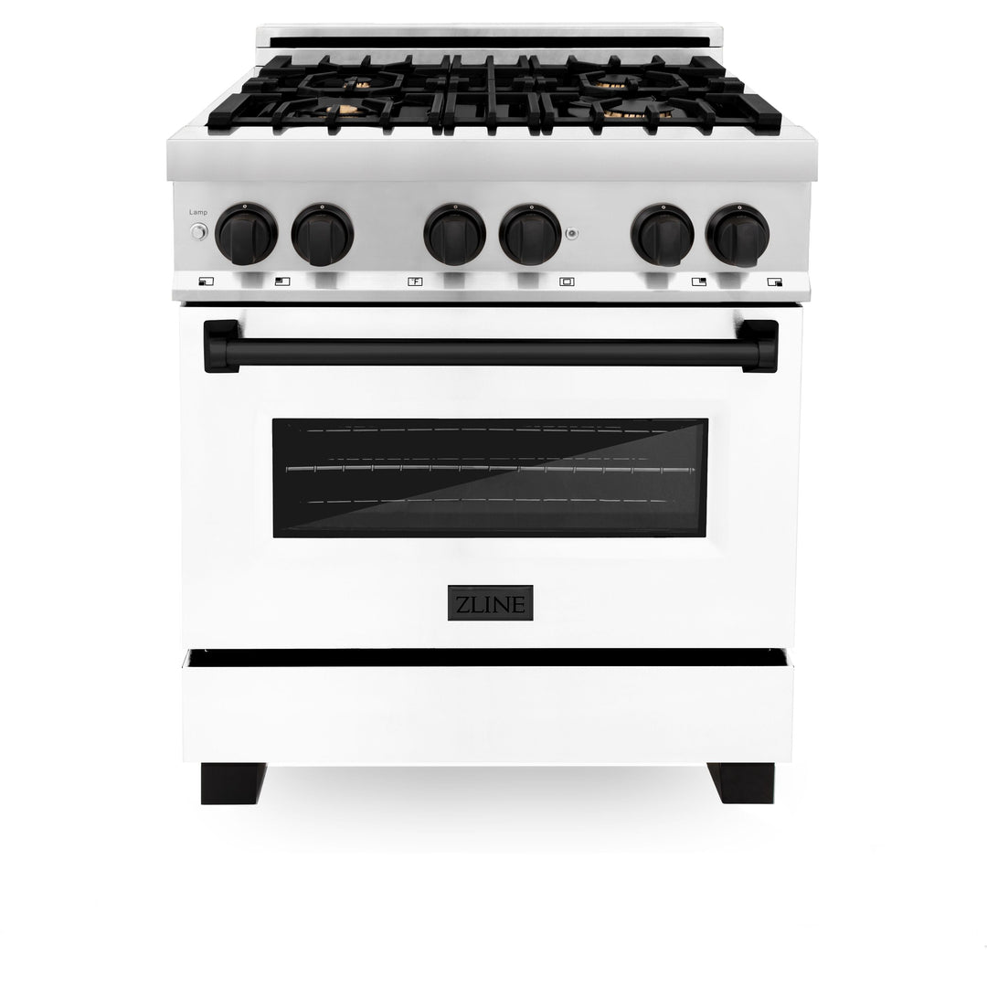 ZLINE Autograph Package - 30 In. Dual Fuel Range, Range Hood, Dishwasher in White Matte with Matte Black Accents, 3AKP-RAWMRHDWM30-MB