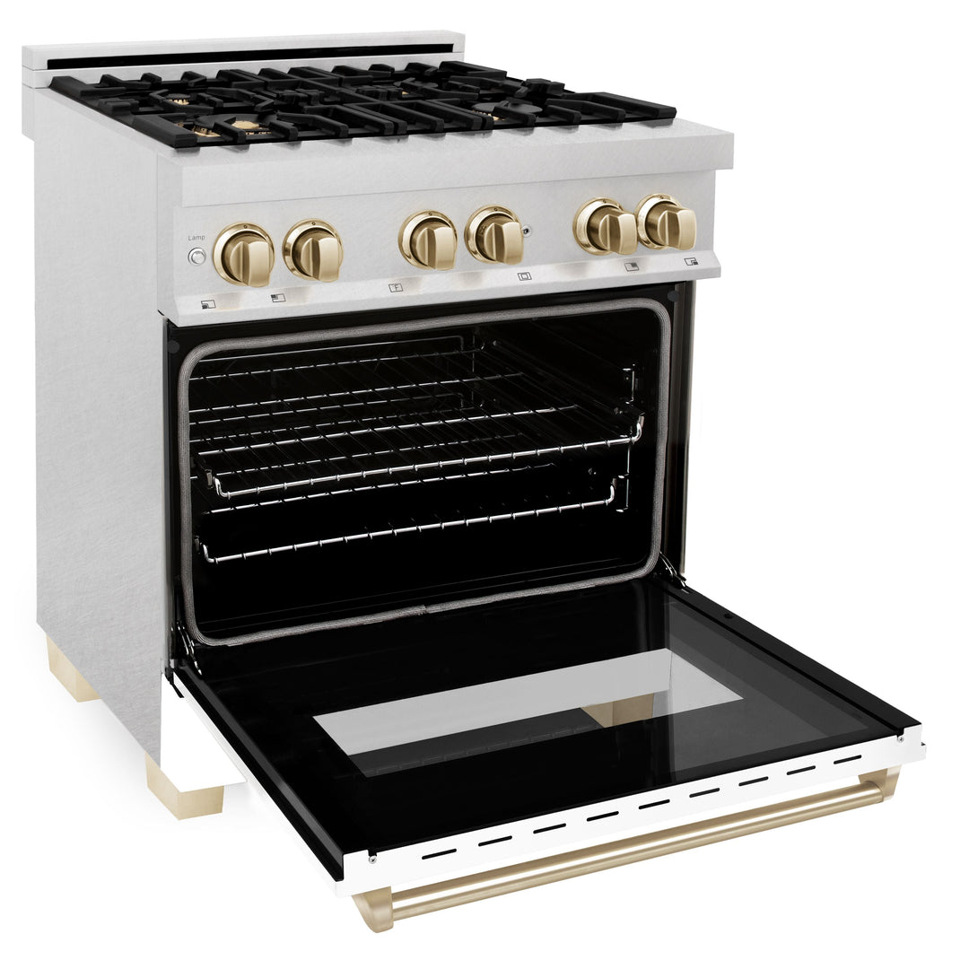 ZLINE Autograph Edition 30 in. Range, Gas Burner/Electric Oven in DuraSnow® Stainless Steel with White Matte Door and Gold Accents, RASZ-WM-30-G