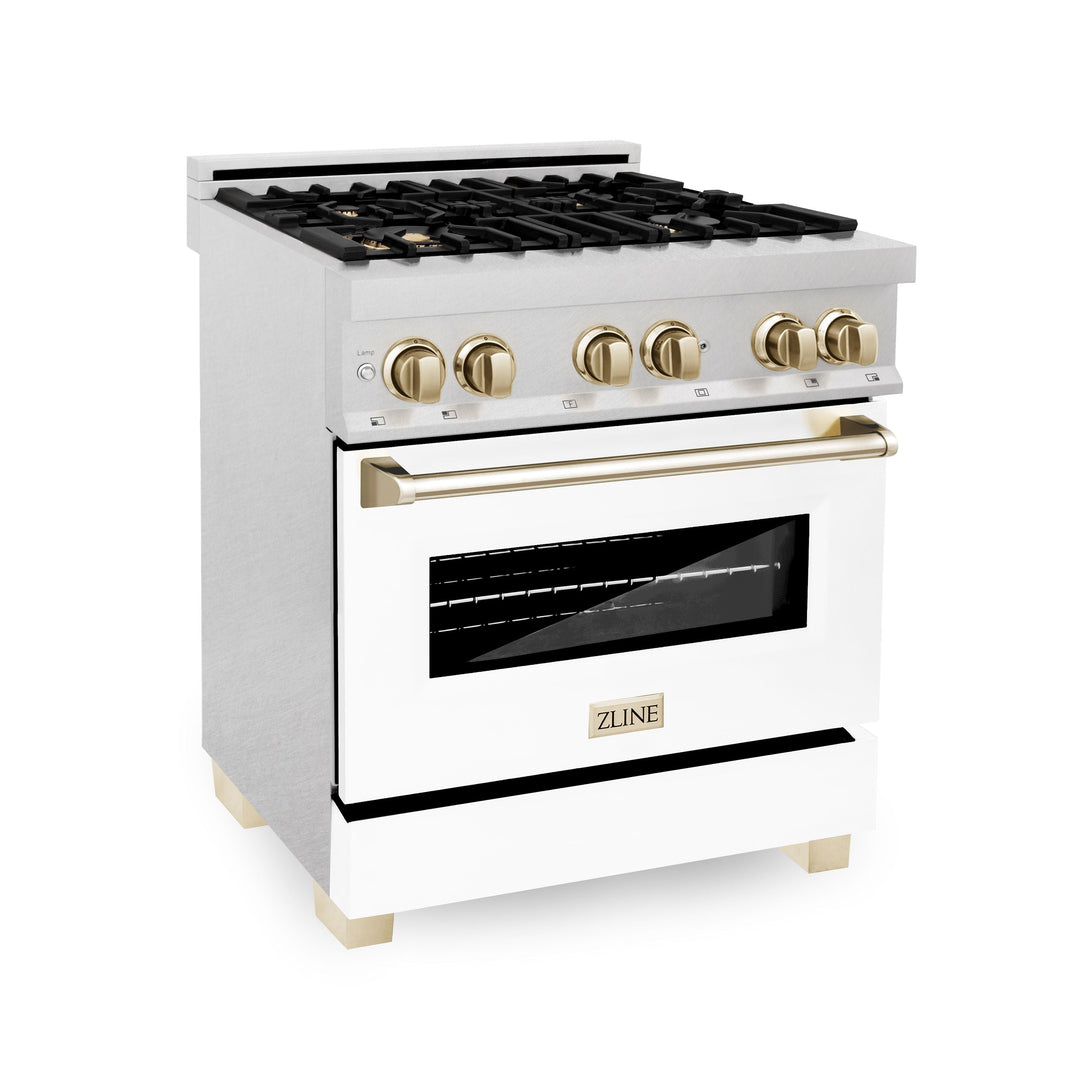 ZLINE Autograph Edition 30 in. Range, Gas Burner/Electric Oven in DuraSnow® Stainless Steel with White Matte Door and Gold Accents, RASZ-WM-30-G