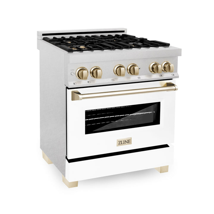 ZLINE Autograph Edition 30 in. Range, Gas Burner/Electric Oven in DuraSnow® Stainless Steel with White Matte Door and Gold Accents, RASZ-WM-30-G