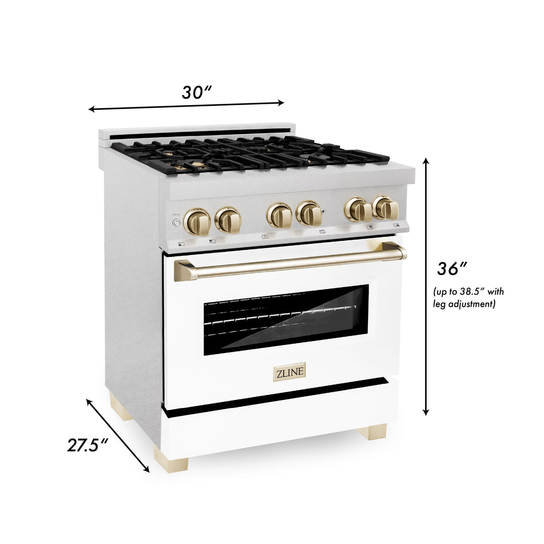 ZLINE Autograph Edition 30 in. Range, Gas Burner/Electric Oven in DuraSnow® Stainless Steel with White Matte Door and Gold Accents, RASZ-WM-30-G