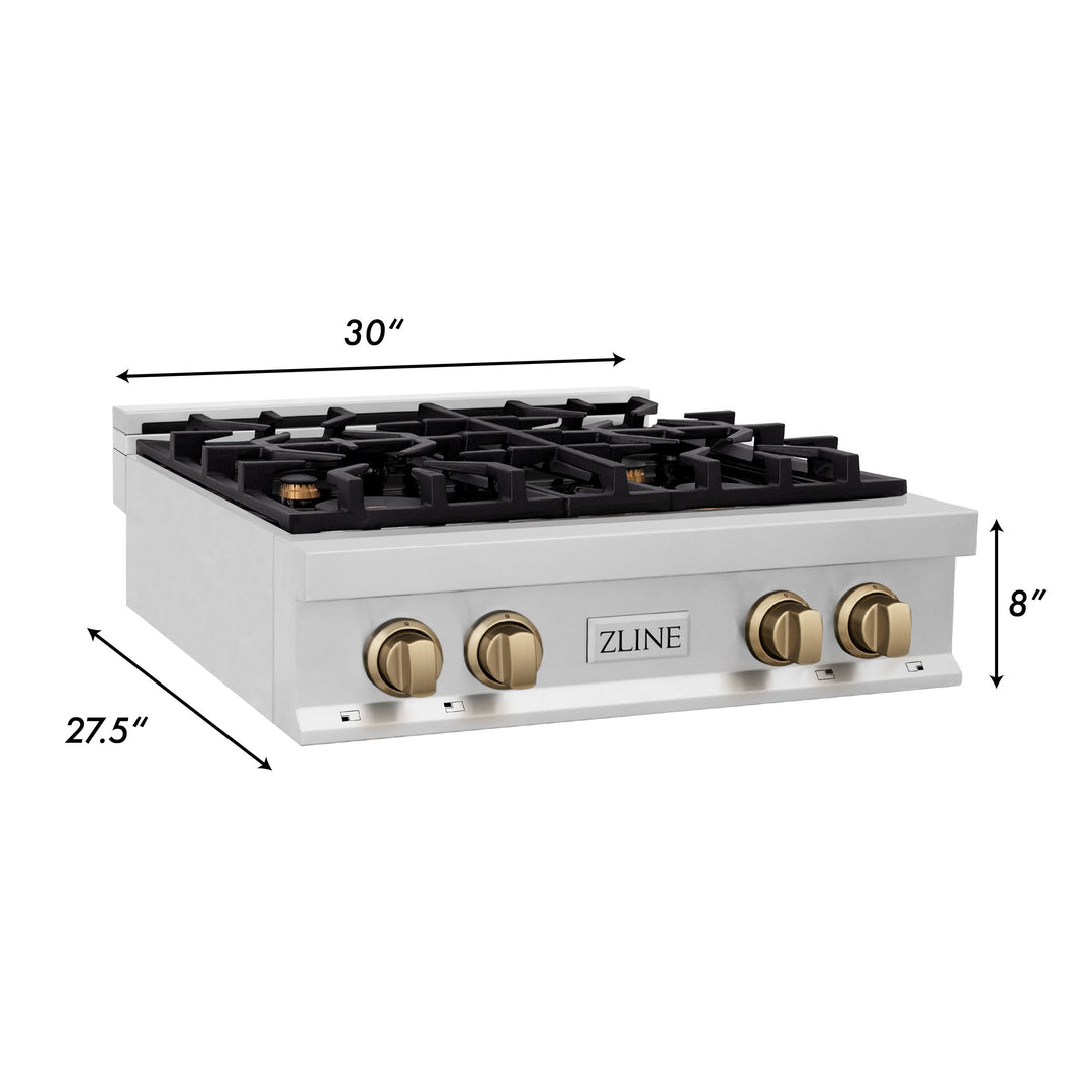 ZLINE Autograph Edition 30 in. Porcelain Rangetop with 4 Gas Burners in Stainless Steel and Champagne Bronze Accents, RTZ-30-CB