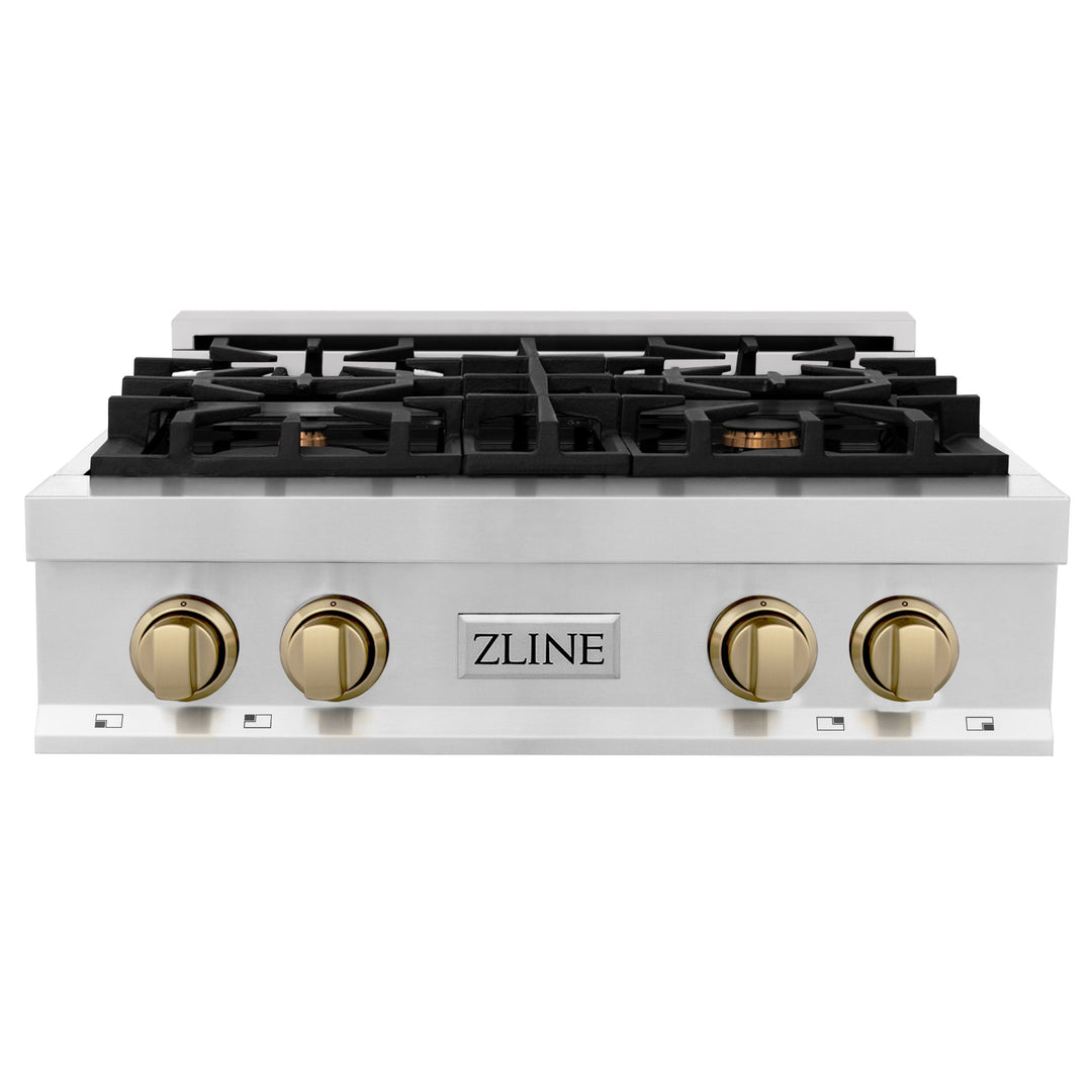 ZLINE Autograph Edition 30 in. Porcelain Rangetop with 4 Gas Burners in Stainless Steel and Champagne Bronze Accents, RTZ-30-CB