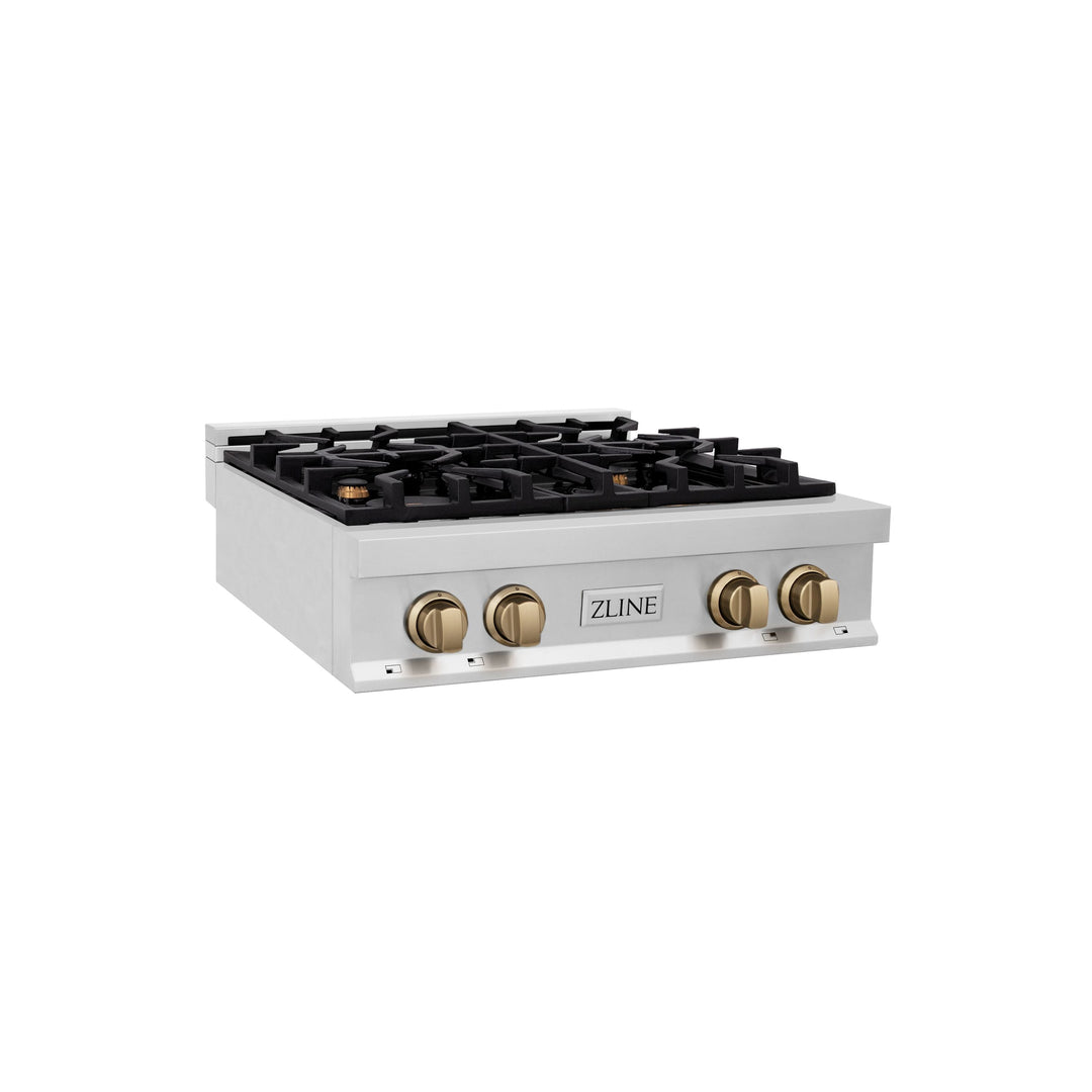 ZLINE Autograph Edition 30 in. Porcelain Rangetop with 4 Gas Burners in Stainless Steel and Champagne Bronze Accents, RTZ-30-CB