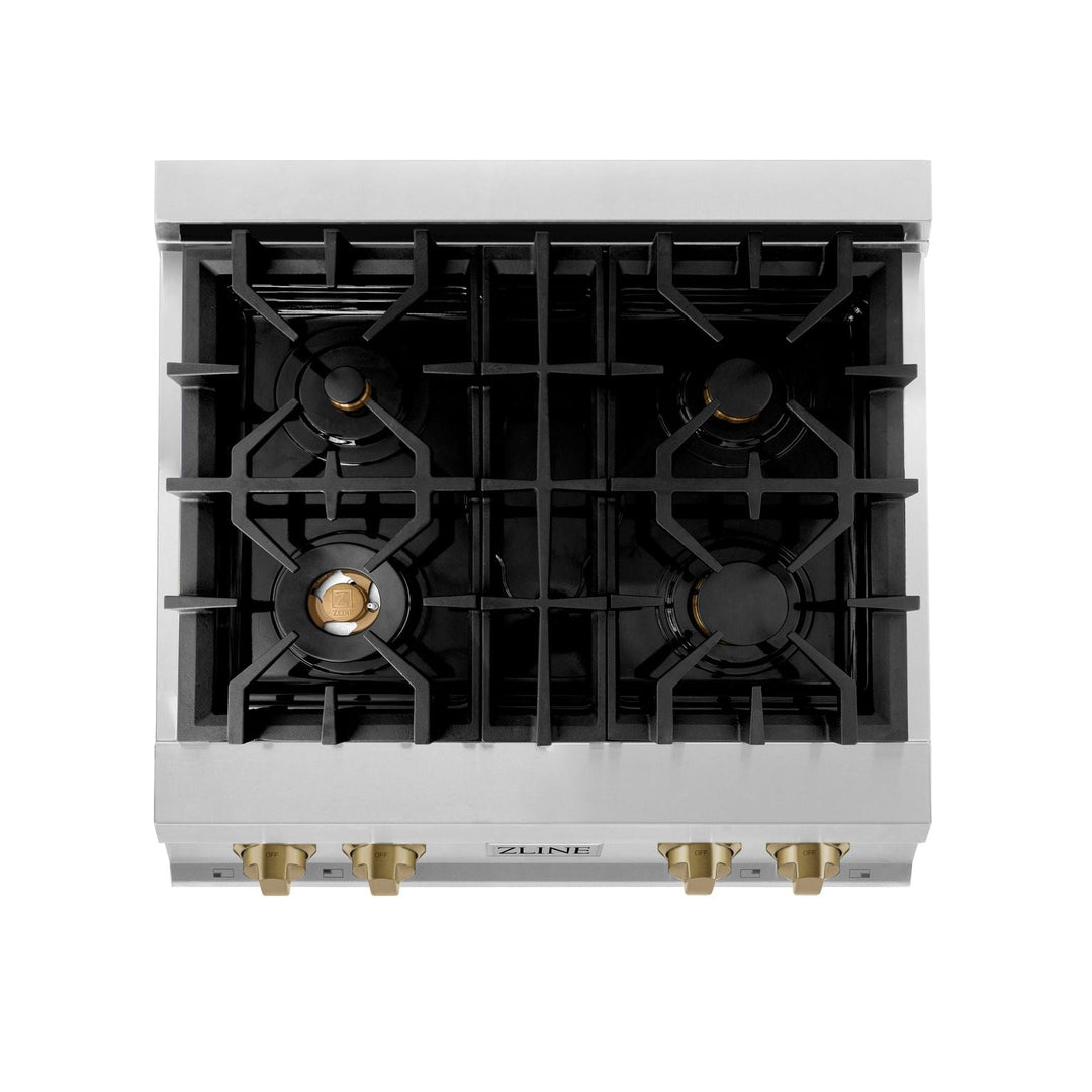 ZLINE Autograph Edition 30 in. Porcelain Rangetop with 4 Gas Burners in Stainless Steel and Champagne Bronze Accents, RTZ-30-CB