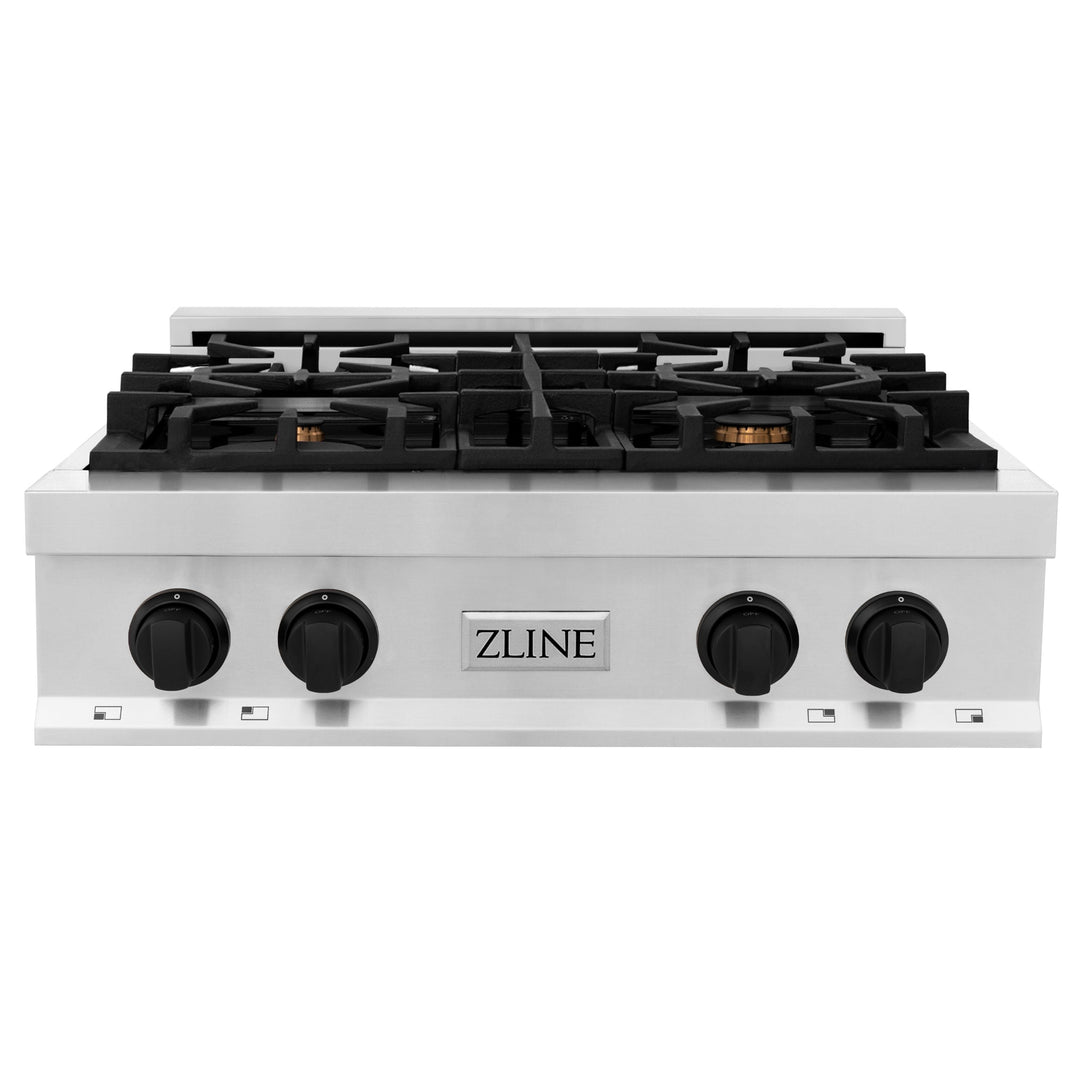 ZLINE Autograph Edition 30 in. Porcelain Rangetop with 4 Gas Burners in Stainless Steel and Matte Black Accents, RTZ-30-MB