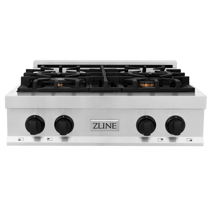 ZLINE Autograph Edition 30 in. Porcelain Rangetop with 4 Gas Burners in Stainless Steel and Matte Black Accents, RTZ-30-MB