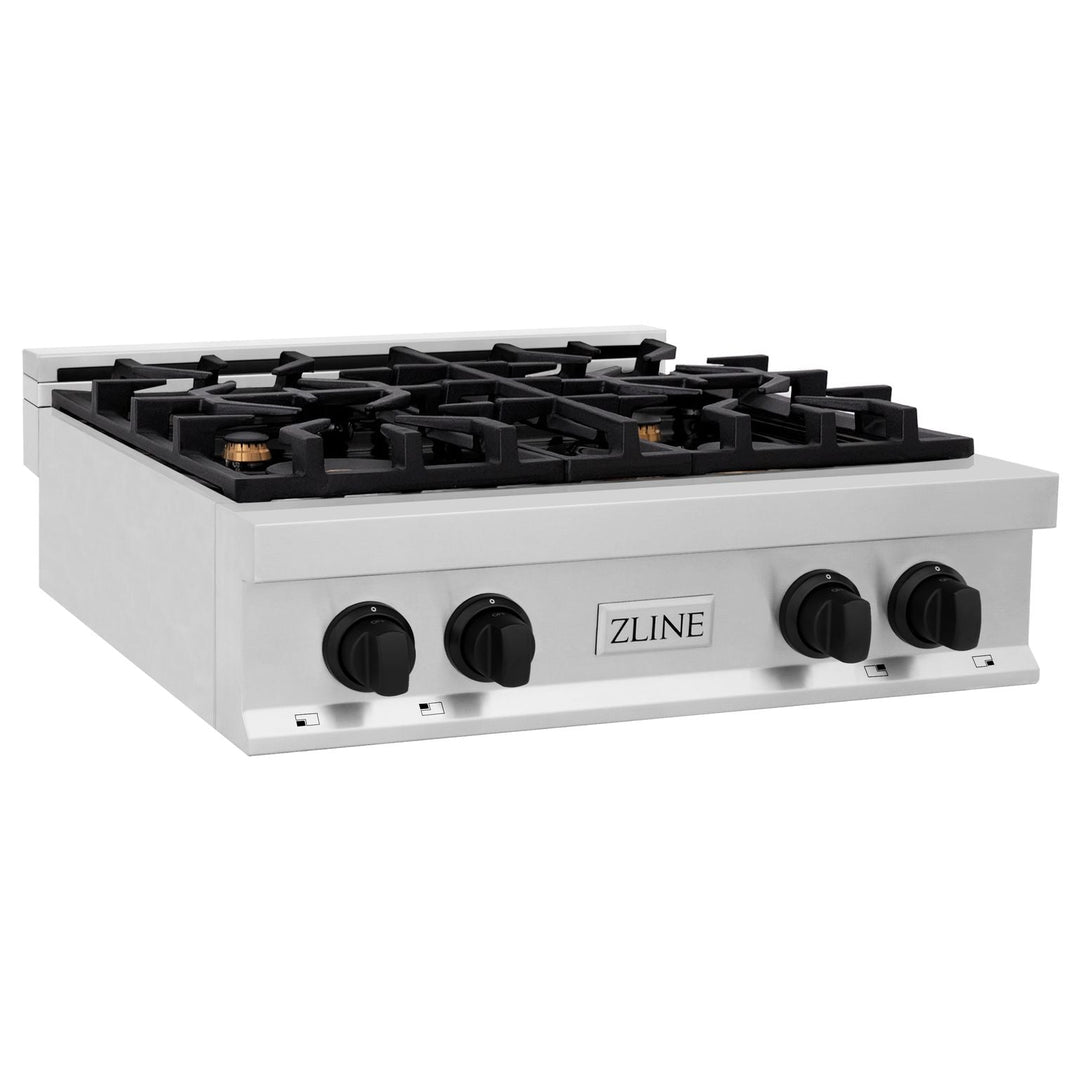 ZLINE Autograph Edition 30 in. Porcelain Rangetop with 4 Gas Burners in Stainless Steel and Matte Black Accents, RTZ-30-MB