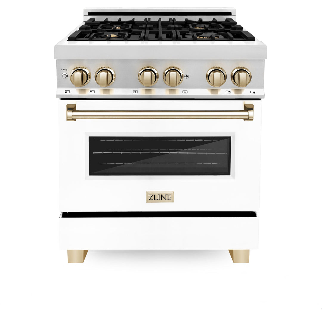 ZLINE Autograph Package - 30 In. Dual Fuel Range, Range Hood, Dishwasher in White Matte with Gold Accents, 3AKP-RAWMRHDWM30-G