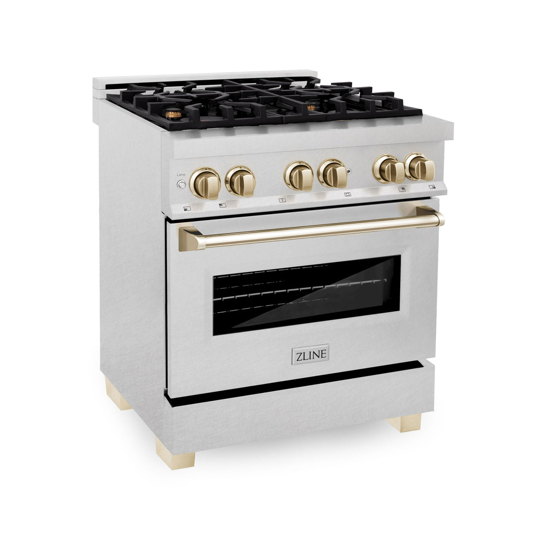 ZLINE Autograph Edition 30 in. Range with Gas Burner/Electric Oven in DuraSnow® Stainless Steel with Gold Accents, RASZ-SN-30-G