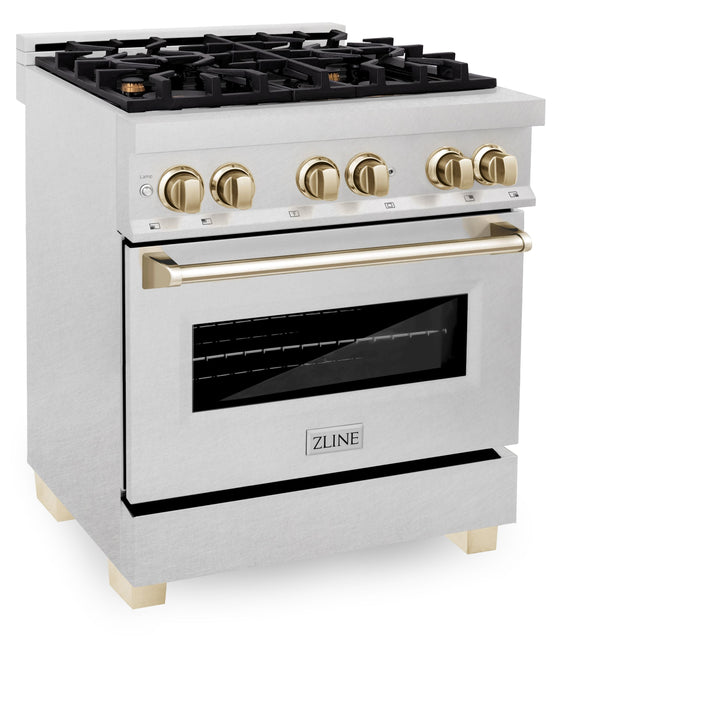 ZLINE Autograph Edition 30 in. Range with Gas Burner/Electric Oven in DuraSnow® Stainless Steel with Gold Accents, RASZ-SN-30-G