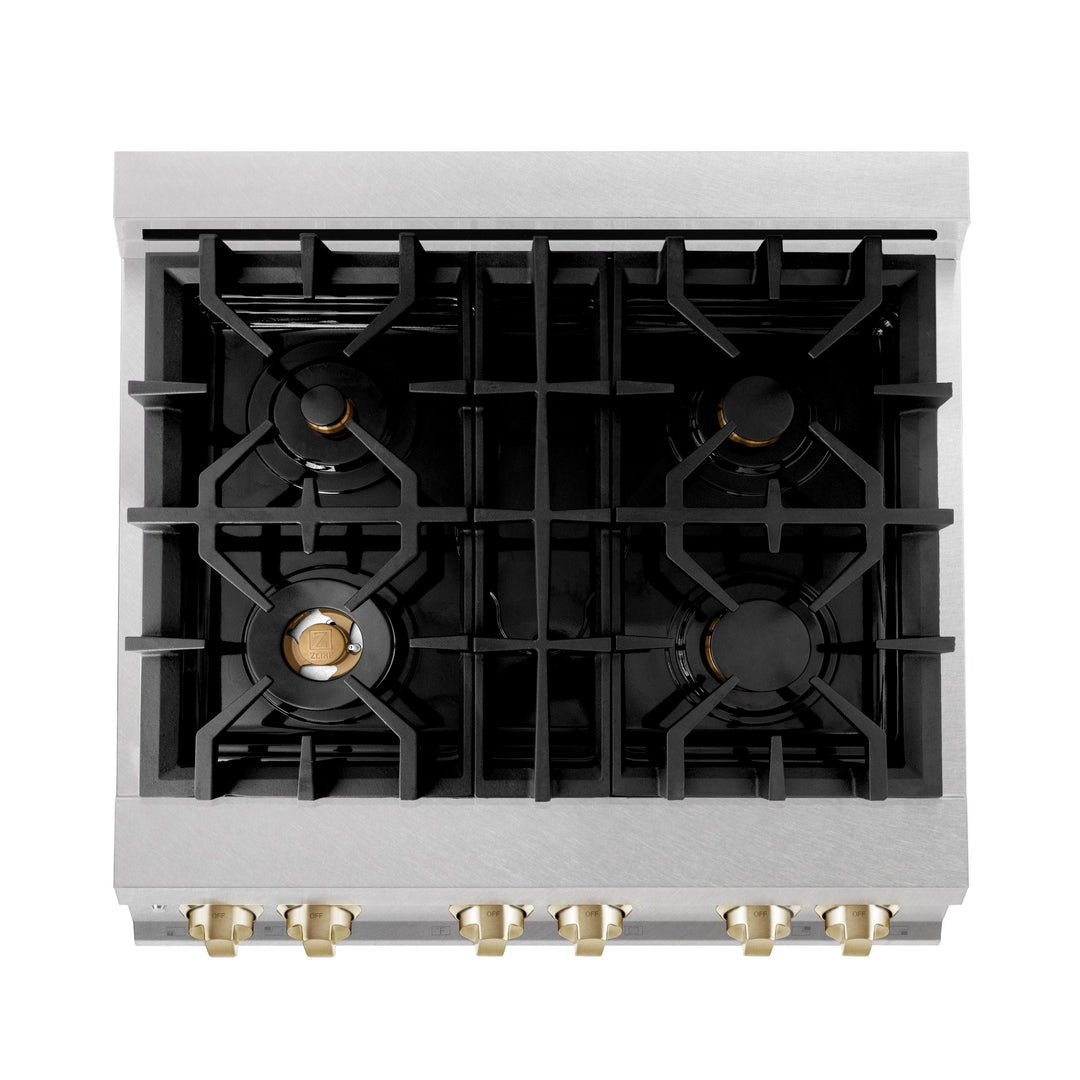 ZLINE Autograph Edition 30 in. Range with Gas Burner/Electric Oven in DuraSnow® Stainless Steel with Gold Accents, RASZ-SN-30-G