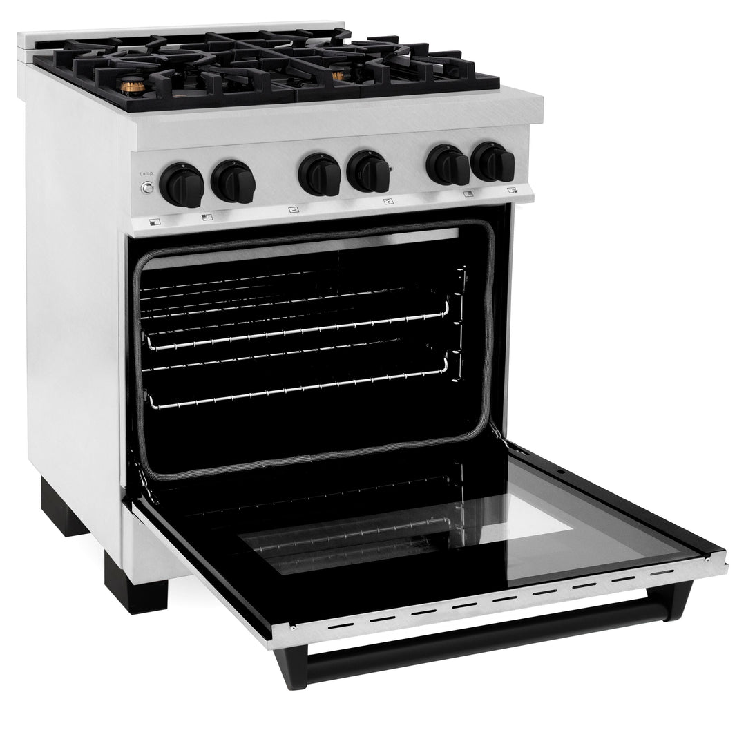 ZLINE Autograph Edition 30 in. Range with Gas Burner/Electric Oven in DuraSnow® Stainless Steel with Matte Black Accents, RASZ-SN-30-MB