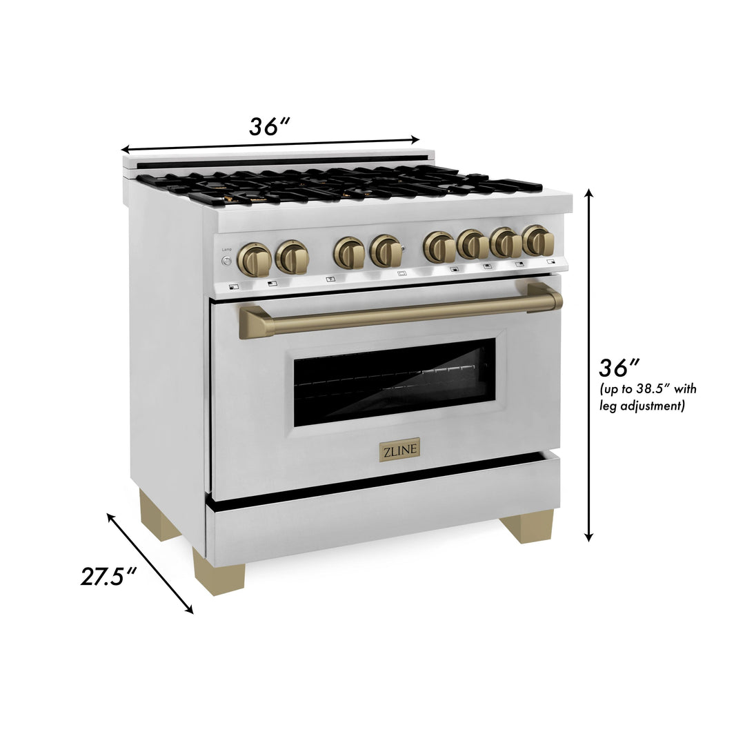 ZLINE Autograph Package - 36 In. Dual Fuel Range, Range Hood, Dishwasher in Stainless Steel with Champagne Bronze Accents, 3AKP-RARHDWM36-CB