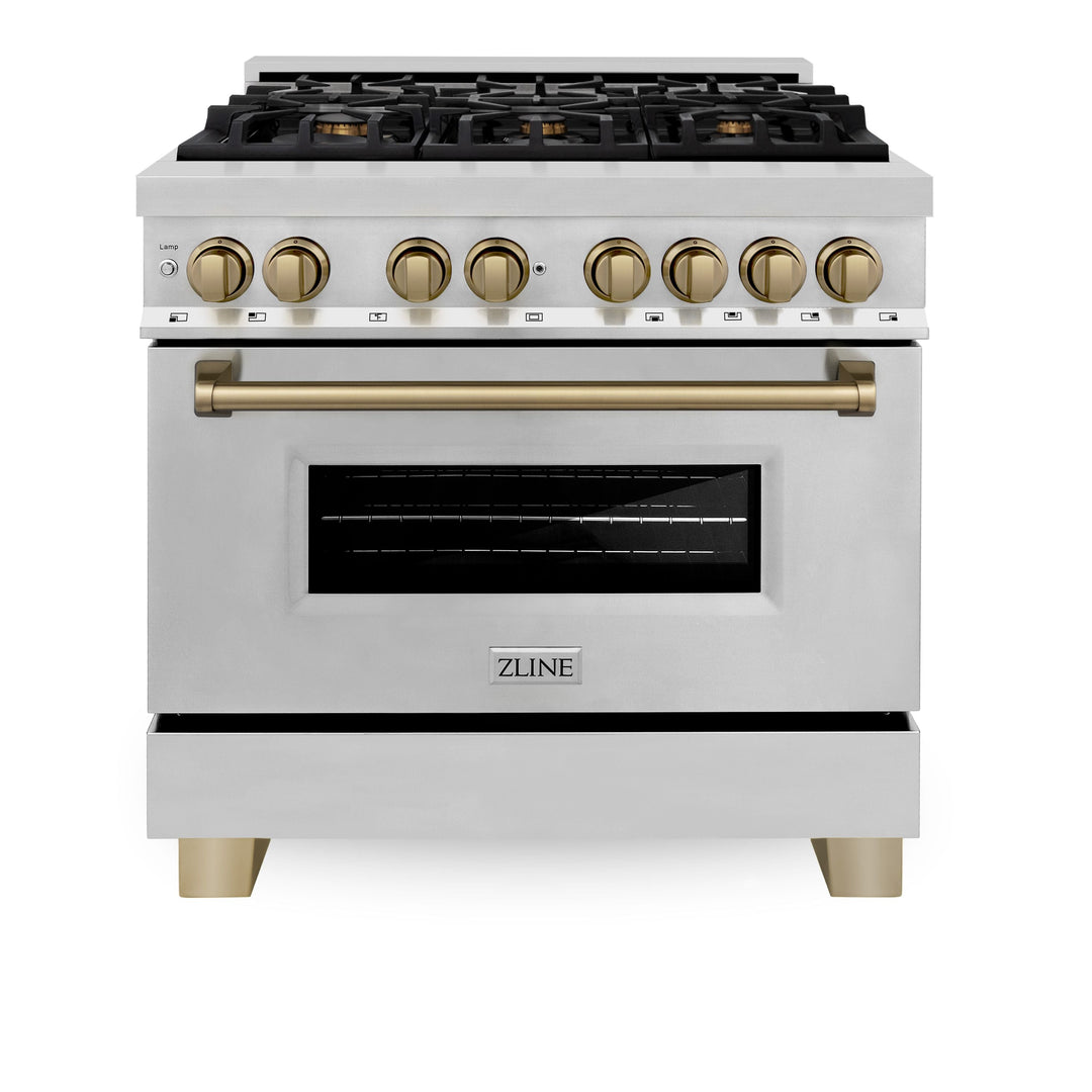 ZLINE Kitchen and Bath Autograph Package - 36 In. Dual Fuel Range, Range Hood in Stainless Steel with Champagne Bronze Accents, 2AKP-RARH36-CB