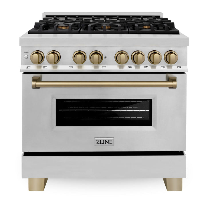 ZLINE Autograph Package - 36" Dual Fuel Range, Range Hood, Refrigerator, Microwave and Dishwasher in Stainless Steel with Bronze Accents