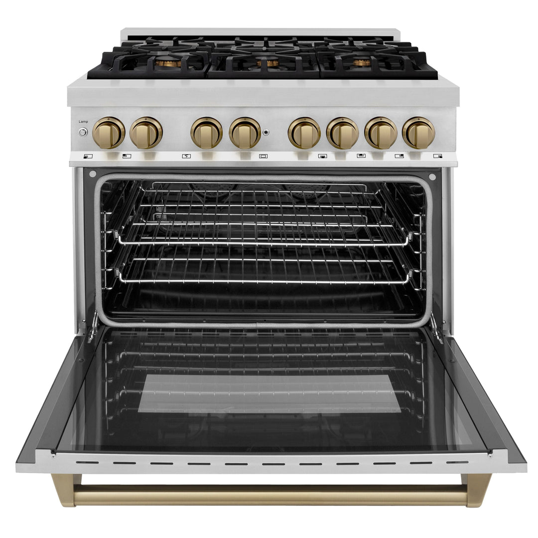 ZLINE Autograph Package - 36" Dual Fuel Range, Range Hood, Dishwasher, Refrigerator with Water and Ice Dispenser with Bronze Accents