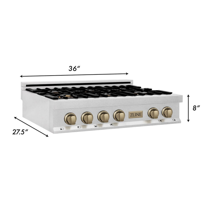 ZLINE Autograph Edition 36 In. Rangetop with 6 Gas Burners in DuraSnow® Stainless Steel and Champagne Bronze Accents, RTSZ-36-CB