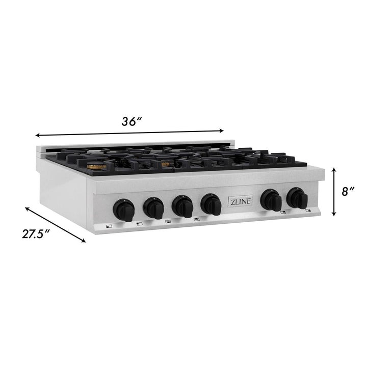 ZLINE Autograph Edition 36 In. Porcelain Rangetop with 6 Gas Burners in DuraSnow® Stainless Steel and Matte Black Accents, RTSZ-36-MB